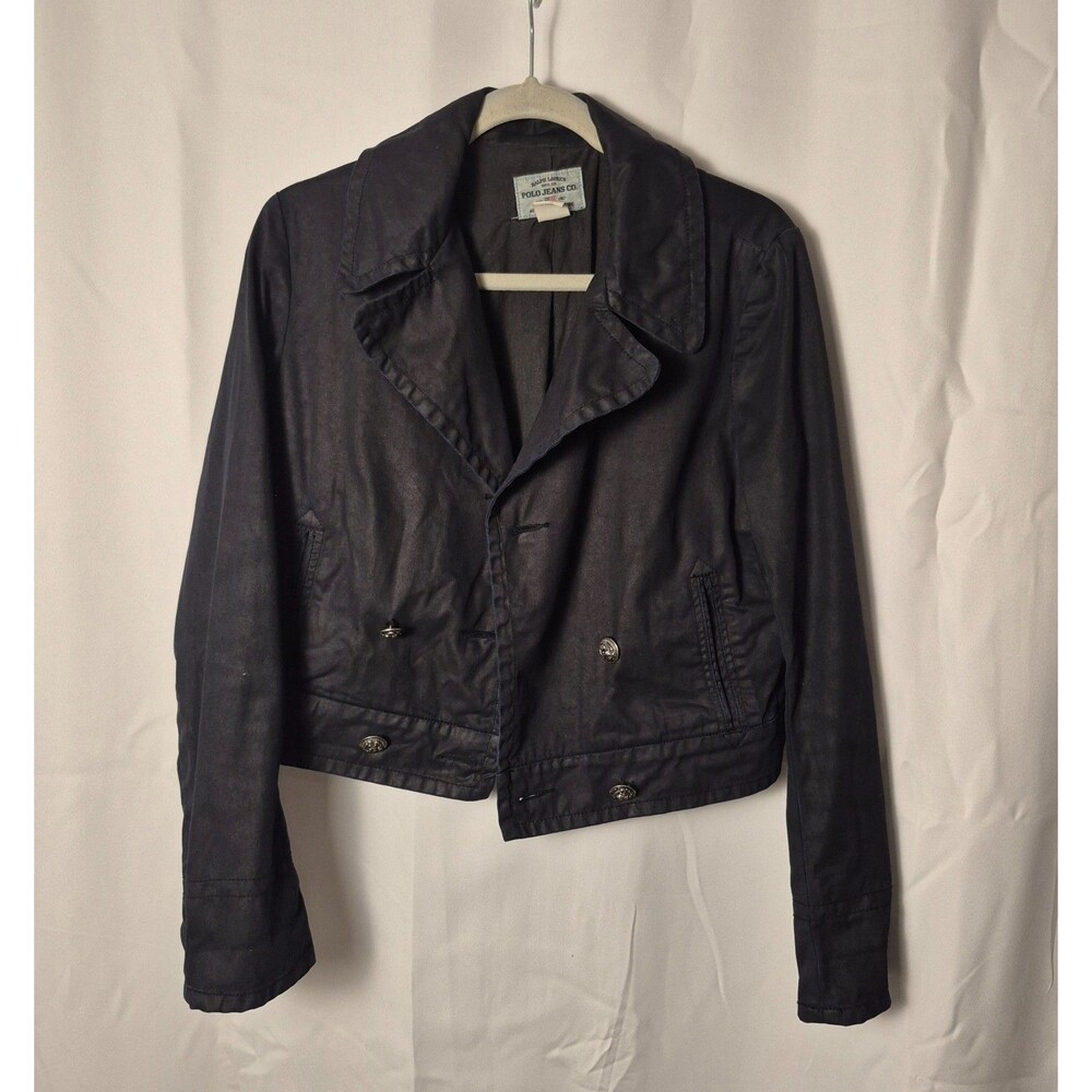 Ralph Lauren Vintage 90s Blue Size M Crop Military Moto Jacket Waxed Canvas